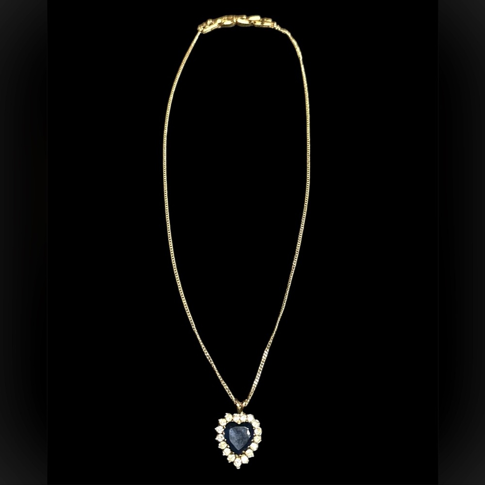 VTG Nina Ricci faux sapphire and rhinestone heart pendant gold plated necklace